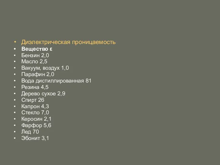 Диэлектрическая проницаемость Вещество ε Бензин 2,0 Масло 2,5 Вакуум, воздух 1,0 Парафин