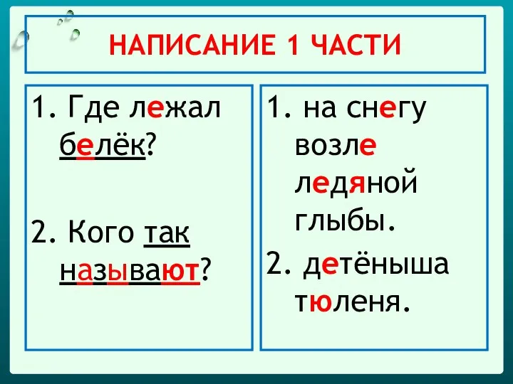 НАПИСАНИЕ 1 ЧАСТИ 1. Где лежал белёк? 2. Кого так называют? 1.