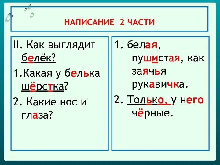 НАПИСАНИЕ 2 ЧАСТИ II. Как выглядит белёк? 1.Какая у белька шёрстка? 2.