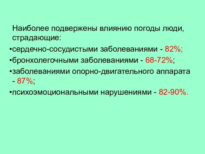 Наиболее подвержены влиянию погоды люди, страдающие: сердечно-сосудистыми заболеваниями - 82%; бронхолегочными заболеваниями