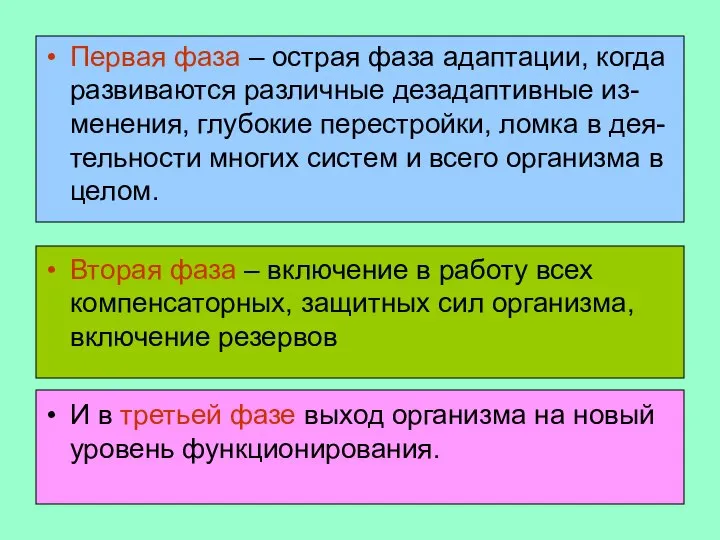 Первая фаза – острая фаза адаптации, когда развиваются различные дезадаптивные из-менения, глубокие