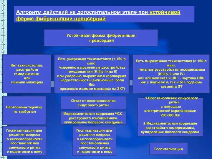 Алгоритм действий на догоспитальном этапе при устойчивой форме фибрилляции предсердий Устойчивая форма