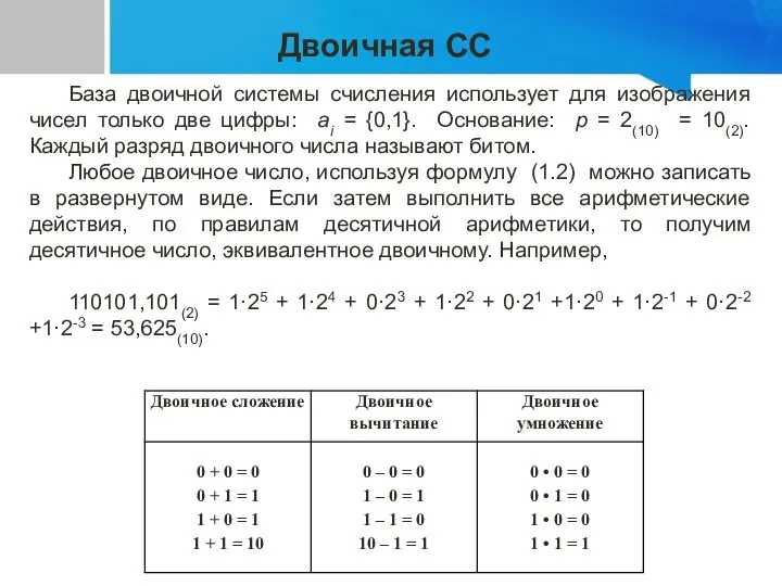 Двоичная СС База двоичной системы счисления использует для изображения чисел только две