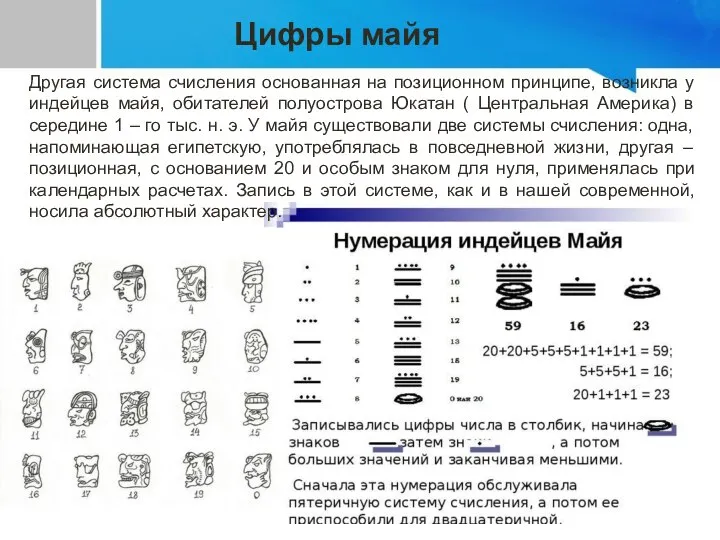 Цифры майя Другая система счисления основанная на позиционном принципе, возникла у индейцев