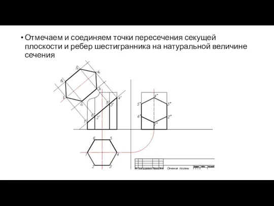 Отмечаем и соединяем точки пересечения секущей плоскости и ребер шестигранника на натуральной величине сечения