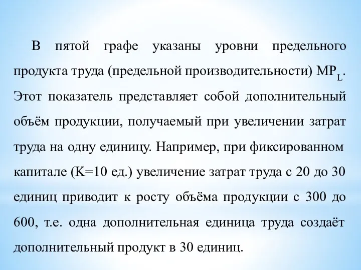 В пятой графе указаны уровни предельного продукта труда (предельной производительности) MPL. Этот