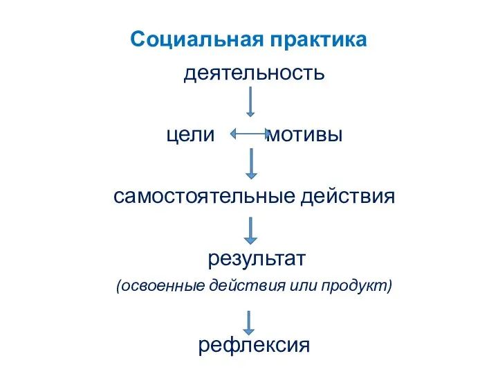 Социальная практика деятельность цели мотивы самостоятельные действия результат (освоенные действия или продукт) рефлексия