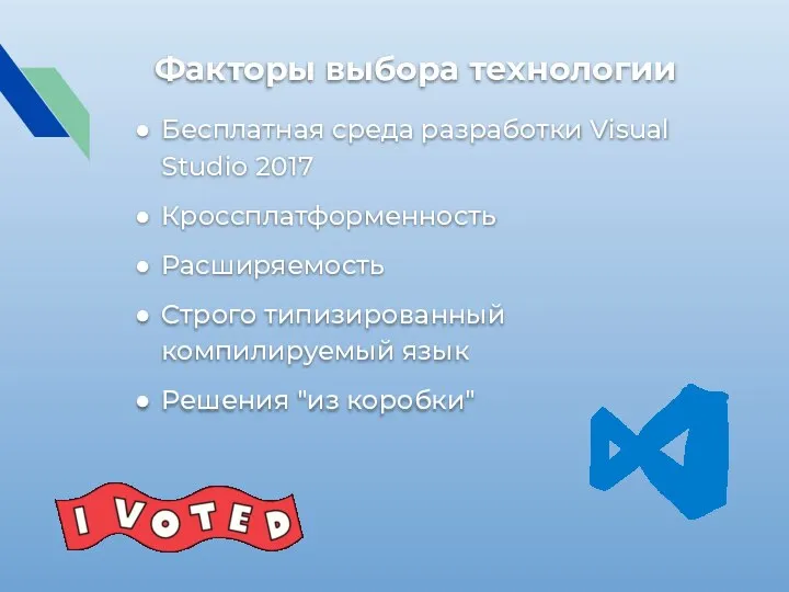 Факторы выбора технологии Бесплатная среда разработки Visual Studio 2017 Кроссплатформенность Расширяемость Строго