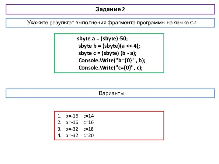 Задание 2 sbyte a = (sbyte)-50; sbyte b = (sbyte)(a sbyte c