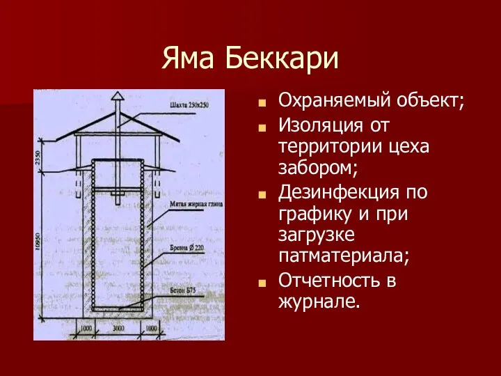 Яма Беккари Охраняемый объект; Изоляция от территории цеха забором; Дезинфекция по графику