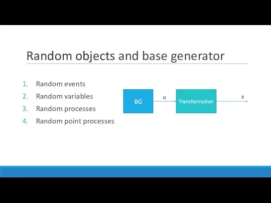Random objects Random events Random variables Random processes Random point processes BG