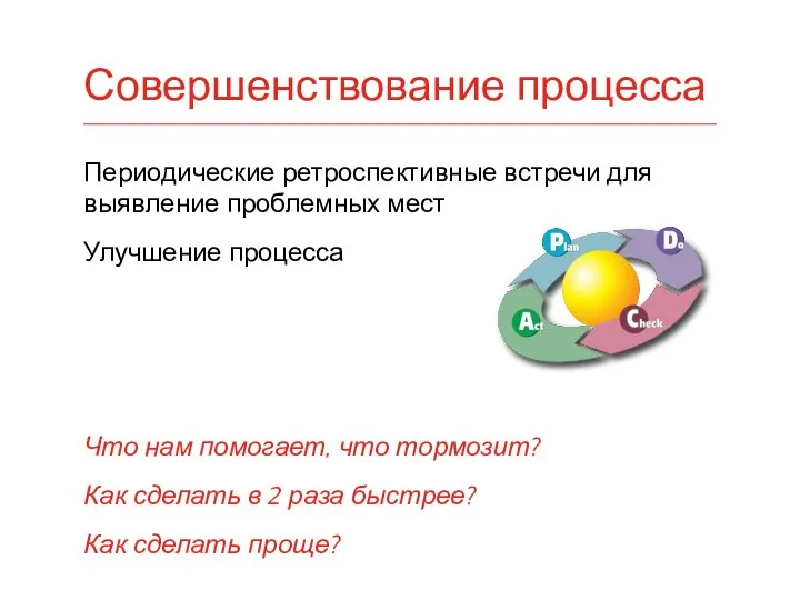 Периодические ретроспективные встречи для выявление проблемных мест Улучшение процесса Что нам помогает,