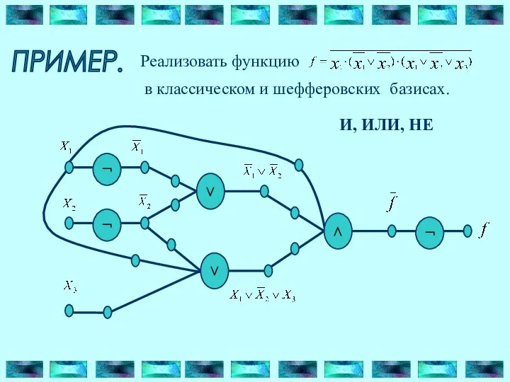 ПРИМЕР. Реализовать функцию в классическом и шефферовских базисах. И, ИЛИ, НЕ