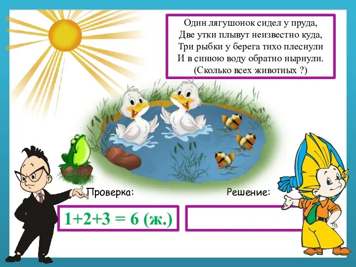 Решение: Проверка: 1+2+3 = 6 (ж.) Один лягушонок сидел у пруда, Две