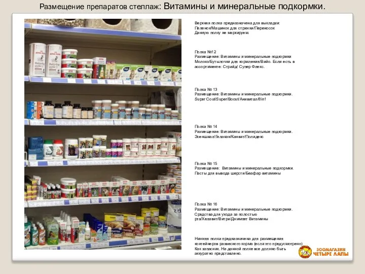 Размещение препаратов стеллаж: Витамины и минеральные подкормки.