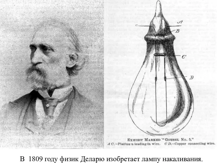 В 1809 году физик Деларю изобретает лампу накаливания.