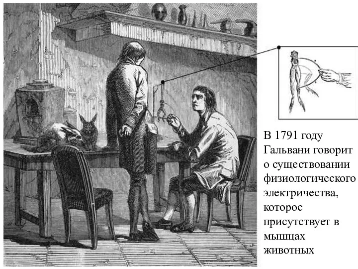 В 1791 году Гальвани говорит о существовании физиологического электричества, которое присутствует в мышцах животных
