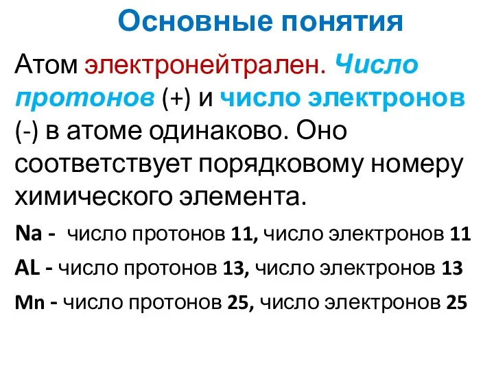 Основные понятия Атом электронейтрален. Число протонов (+) и число электронов (-) в