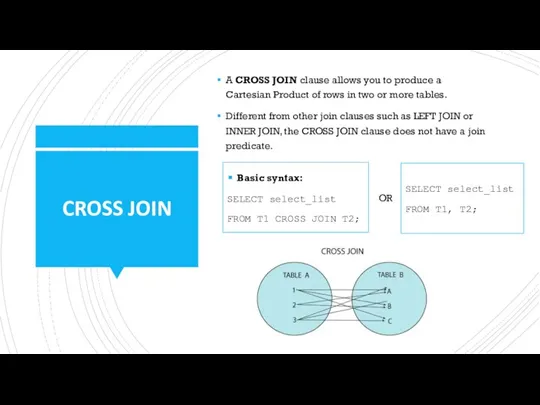 CROSS JOIN A CROSS JOIN clause allows you to produce a Cartesian