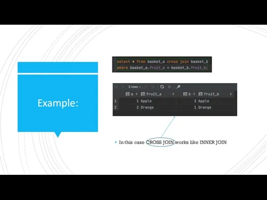 Example: In this case CROSS JOIN works like INNER JOIN