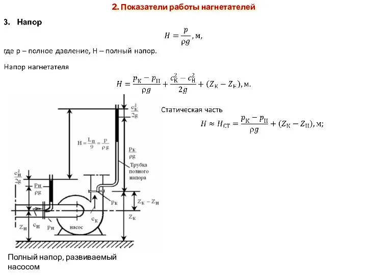 2. Показатели работы нагнетателей Полный напор, развиваемый насосом