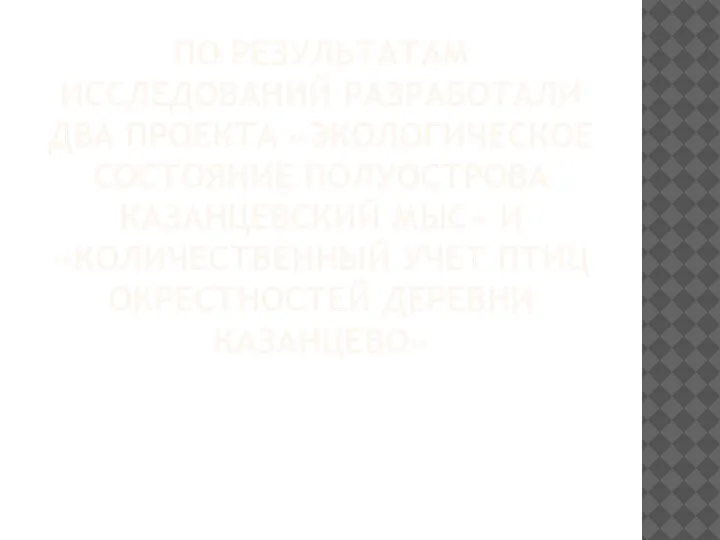 ПО РЕЗУЛЬТАТАМ ИССЛЕДОВАНИЙ РАЗРАБОТАЛИ ДВА ПРОЕКТА «ЭКОЛОГИЧЕСКОЕ СОСТОЯНИЕ ПОЛУОСТРОВА КАЗАНЦЕВСКИЙ МЫС» И