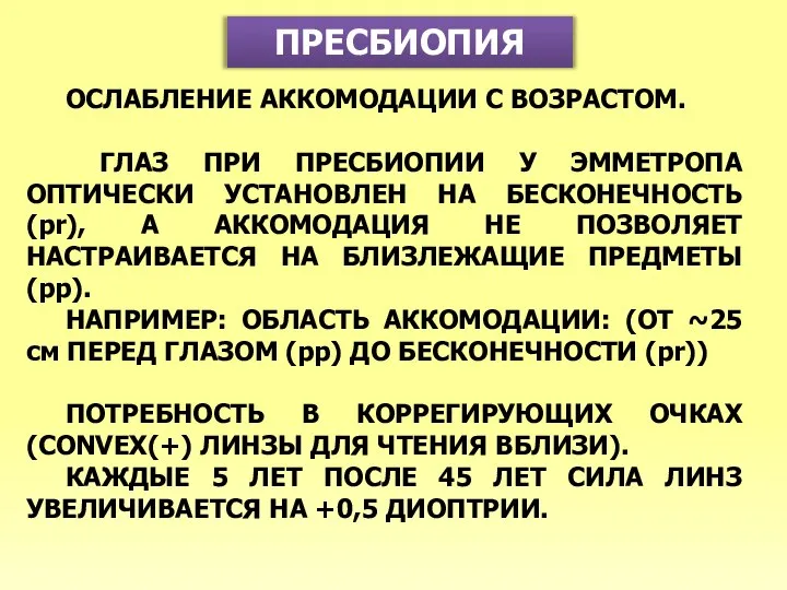 ПРЕСБИОПИЯ ОСЛАБЛЕНИЕ АККОМОДАЦИИ С ВОЗРАСТОМ. ГЛАЗ ПРИ ПРЕСБИОПИИ У ЭММЕТРОПА ОПТИЧЕСКИ УСТАНОВЛЕН