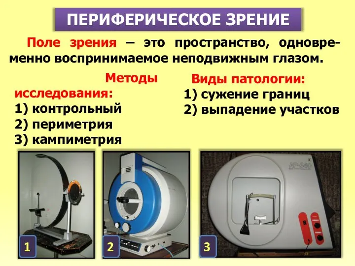 ПЕРИФЕРИЧЕСКОЕ ЗРЕНИЕ Поле зрения – это пространство, одновре-менно воспринимаемое неподвижным глазом. Методы