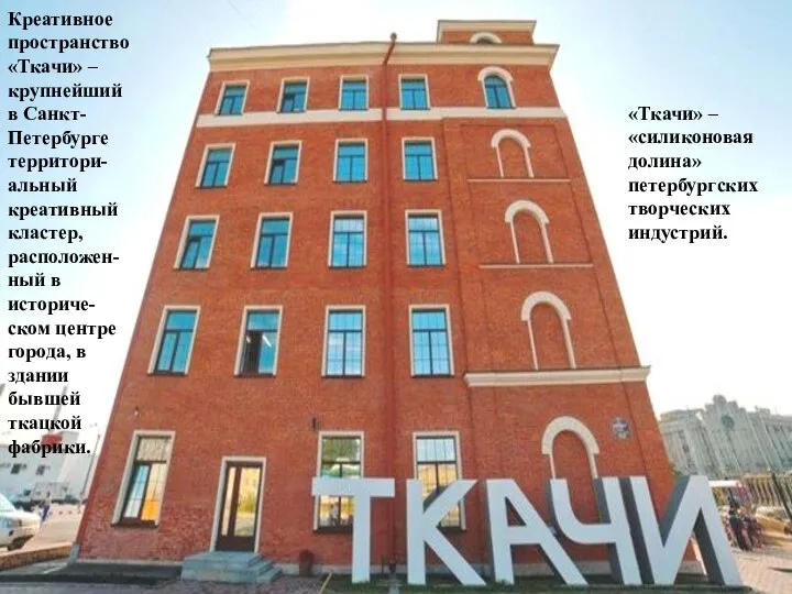 Креативное пространство «Ткачи» – крупнейший в Санкт-Петербурге территори-альный креативный кластер, расположен-ный в