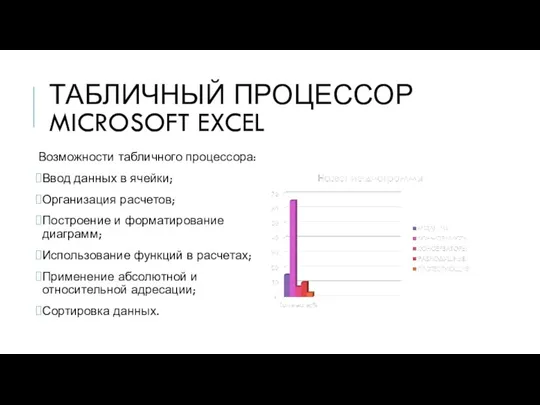 ТАБЛИЧНЫЙ ПРОЦЕССОР MICROSOFT EXCEL Возможности табличного процессора: Ввод данных в ячейки; Организация