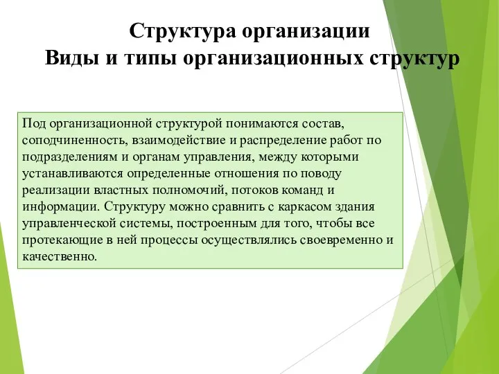 Структура организации Виды и типы организационных структур Под организационной структурой понимаются состав,