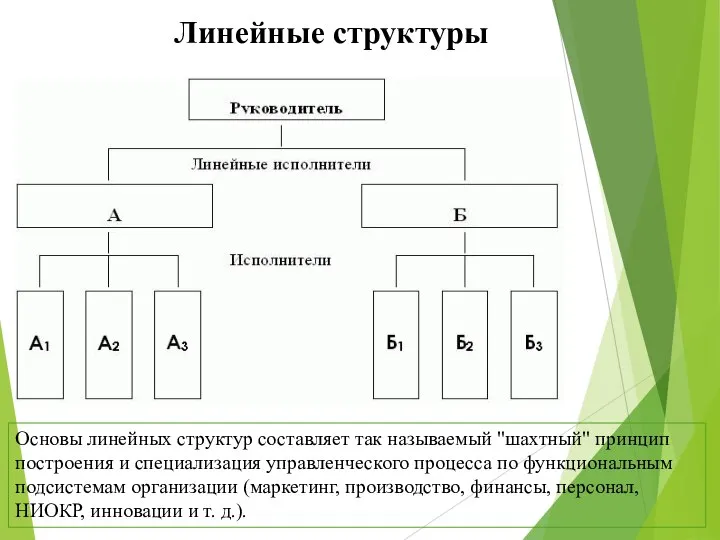 Основы линейных структур составляет так называемый "шахтный" принцип построения и специализация управленческого