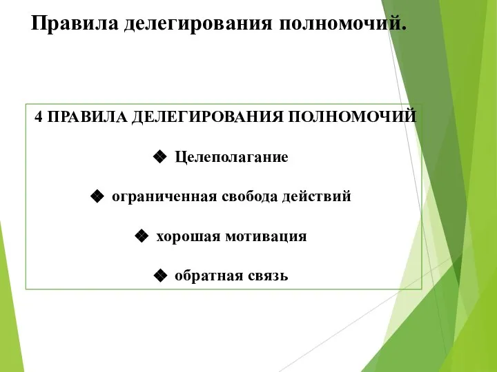 Правила делегирования полномочий. 4 ПРАВИЛА ДЕЛЕГИРОВАНИЯ ПОЛНОМОЧИЙ Целеполагание ограниченная свобода действий хорошая мотивация обратная связь