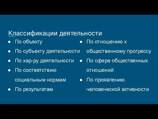 Классификации деятельности По объекту По субъекту деятельности По хар-ру деятельности По соответствию