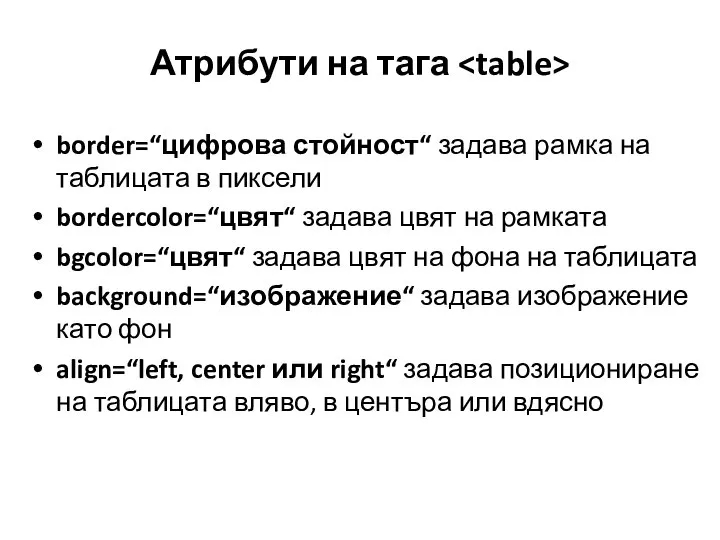 Атрибути на тага border=“цифрова стойност“ задава рамка на таблицата в пиксели bordercolor=“цвят“