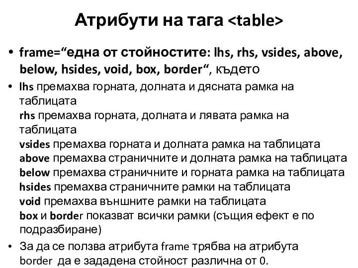 Атрибути на тага frame=“една от стойностите: lhs, rhs, vsides, above, below, hsides,