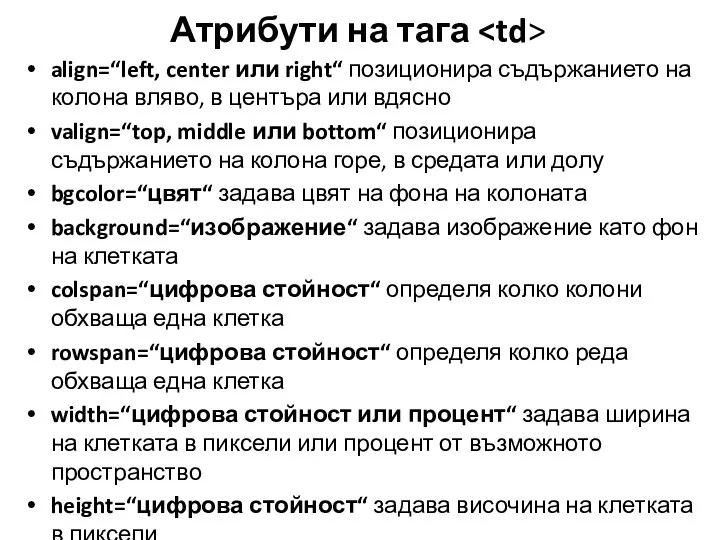 Атрибути на тага align=“left, center или right“ позиционира съдържанието на колона вляво,