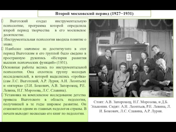 Второй московский период (1927−1931) Стоят: А.В. Запорожец, Н.Г. Морозова, и Д.Б. Эльконин.