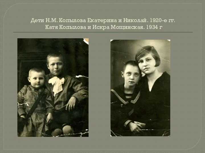 Дети Н.М. Копылова Екатерина и Николай. 1920-е гг. Катя Копылова и Искра Мощинская. 1934 г