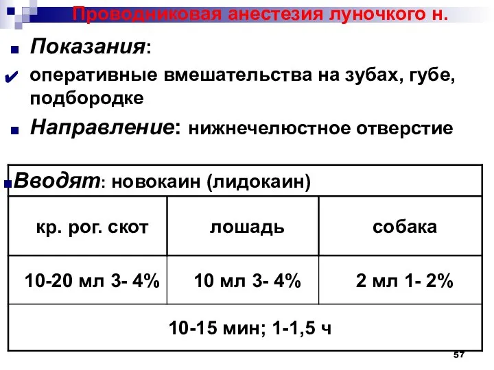 Проводниковая анестезия луночкого н. Показания: оперативные вмешательства на зубах, губе, подбородке Направление: нижнечелюстное отверстие