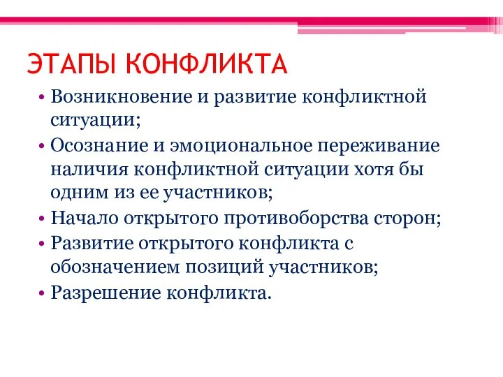 ЭТАПЫ КОНФЛИКТА Возникновение и развитие конфликтной ситуации; Осознание и эмоциональное переживание наличия