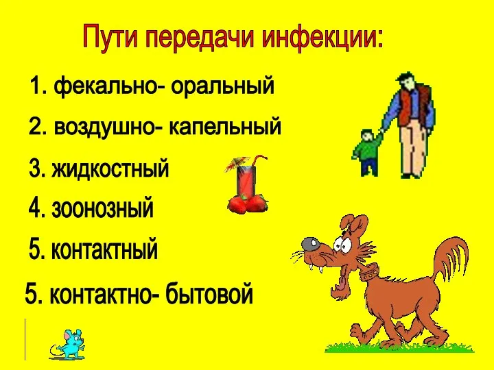 Пути передачи инфекции: 1. фекально- оральный 2. воздушно- капельный 3. жидкостный 4.