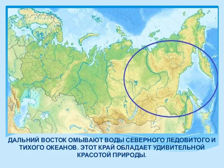 ДАЛЬНИЙ ВОСТОК ОМЫВАЮТ ВОДЫ СЕВЕРНОГО ЛЕДОВИТОГО И ТИХОГО ОКЕАНОВ. ЭТОТ КРАЙ ОБЛАДАЕТ УДИВИТЕЛЬНОЙ КРАСОТОЙ ПРИРОДЫ.