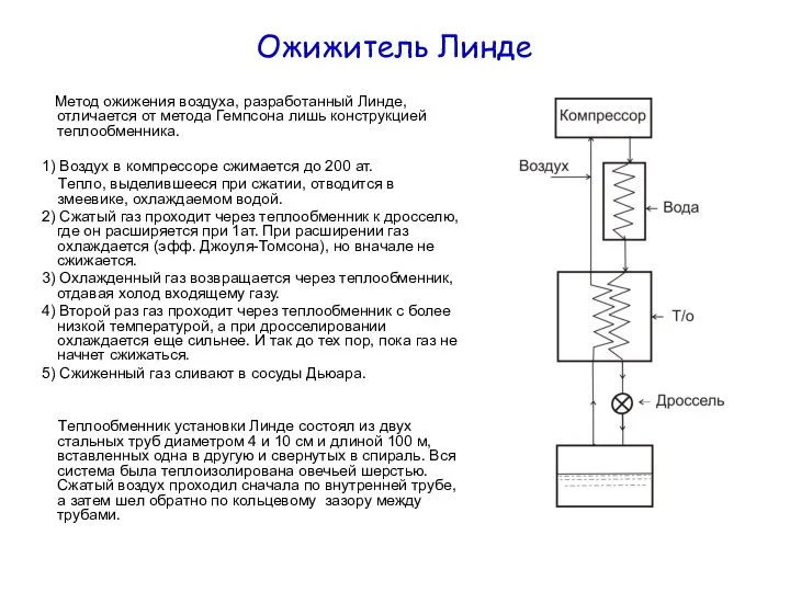 Ожижитель Линде Метод ожижения воздуха, разработанный Линде, отличается от метода Гемпсона лишь