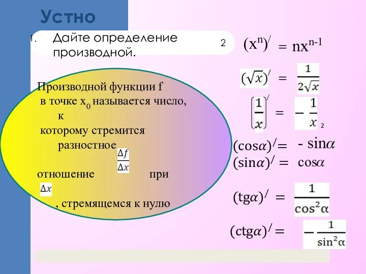 Устно Дайте определение производной. 2 / (cos?)/= (sin?)/ = (tg?)/ = (ctg?)/