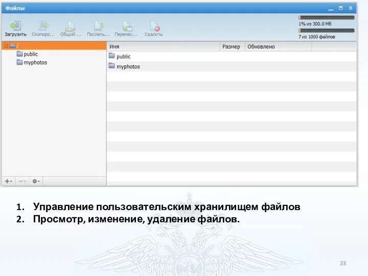 Управление пользовательским хранилищем файлов Просмотр, изменение, удаление файлов.