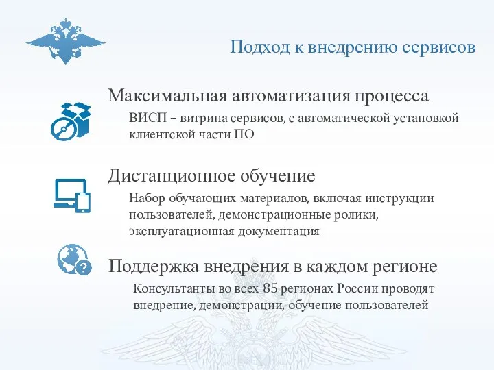 Подход к внедрению сервисов Дистанционное обучение Набор обучающих материалов, включая инструкции пользователей,