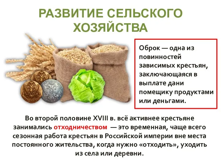 РАЗВИТИЕ СЕЛЬСКОГО ХОЗЯЙСТВА Во второй половине XVIII в. всё активнее крестьяне занимались