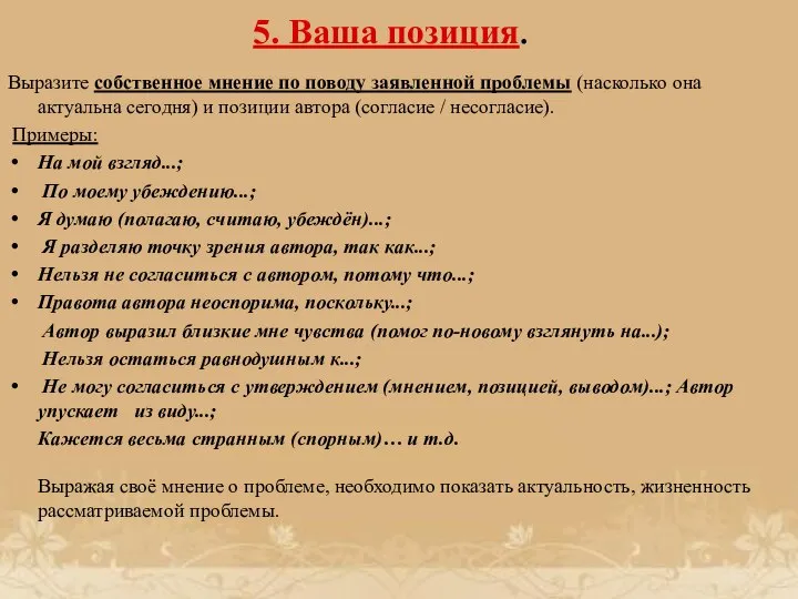 5. Ваша позиция. Выразите собственное мнение по поводу заявленной проблемы (насколько она