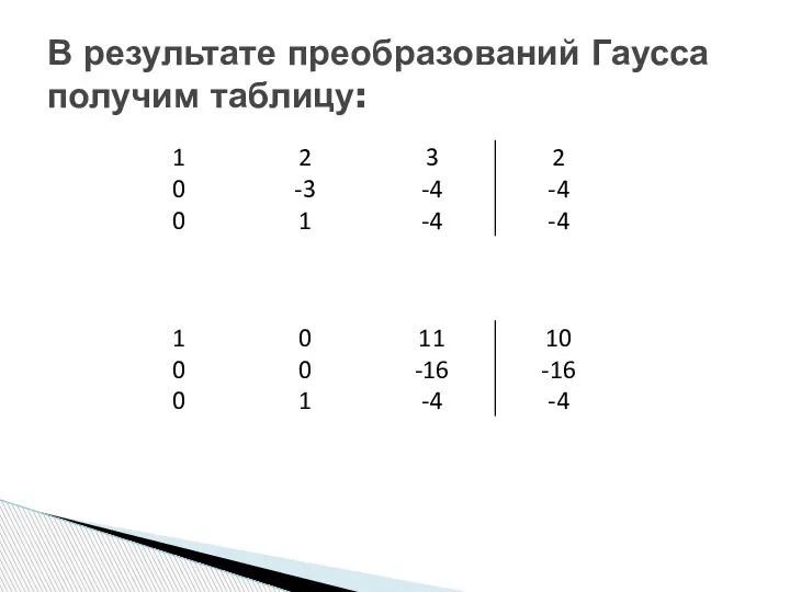 В результате преобразований Гаусса получим таблицу: